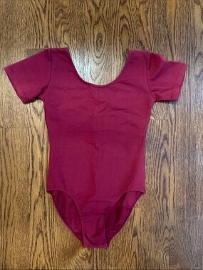 Short Sleeve Scoop Neck Leotard in Red/Burgundy